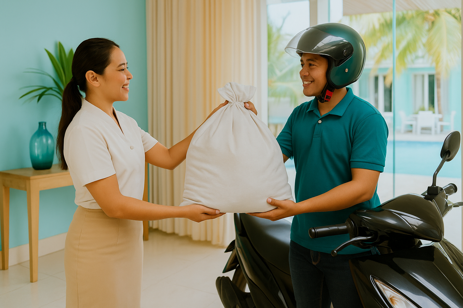 ChatGPT Image 13. Juni 2025, 22_47_45 Spinly delivery handoff – laundry pickup and return service on Boracay