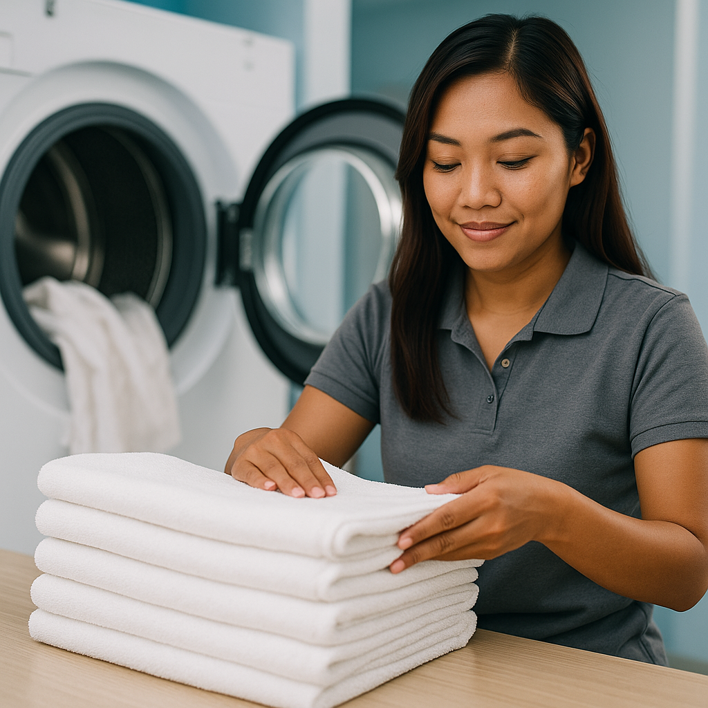 ChatGPT Image 13. Juni 2025, 22_55_51 Smiling woman folding fresh white towels in front of a washing machine – Spinly laundry service