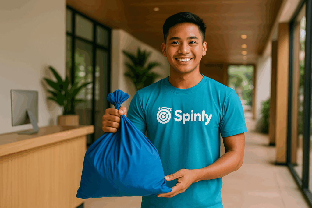 Spinly's Laundry Shop Boracay delivery staff handing over a clean laundry bag at a hotel reception – friendly and reliable pickup.